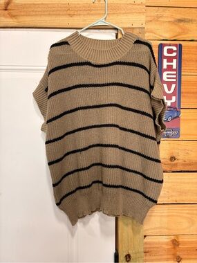 SHEIN Tan and Black Striped Short Sleeve Sweater Top